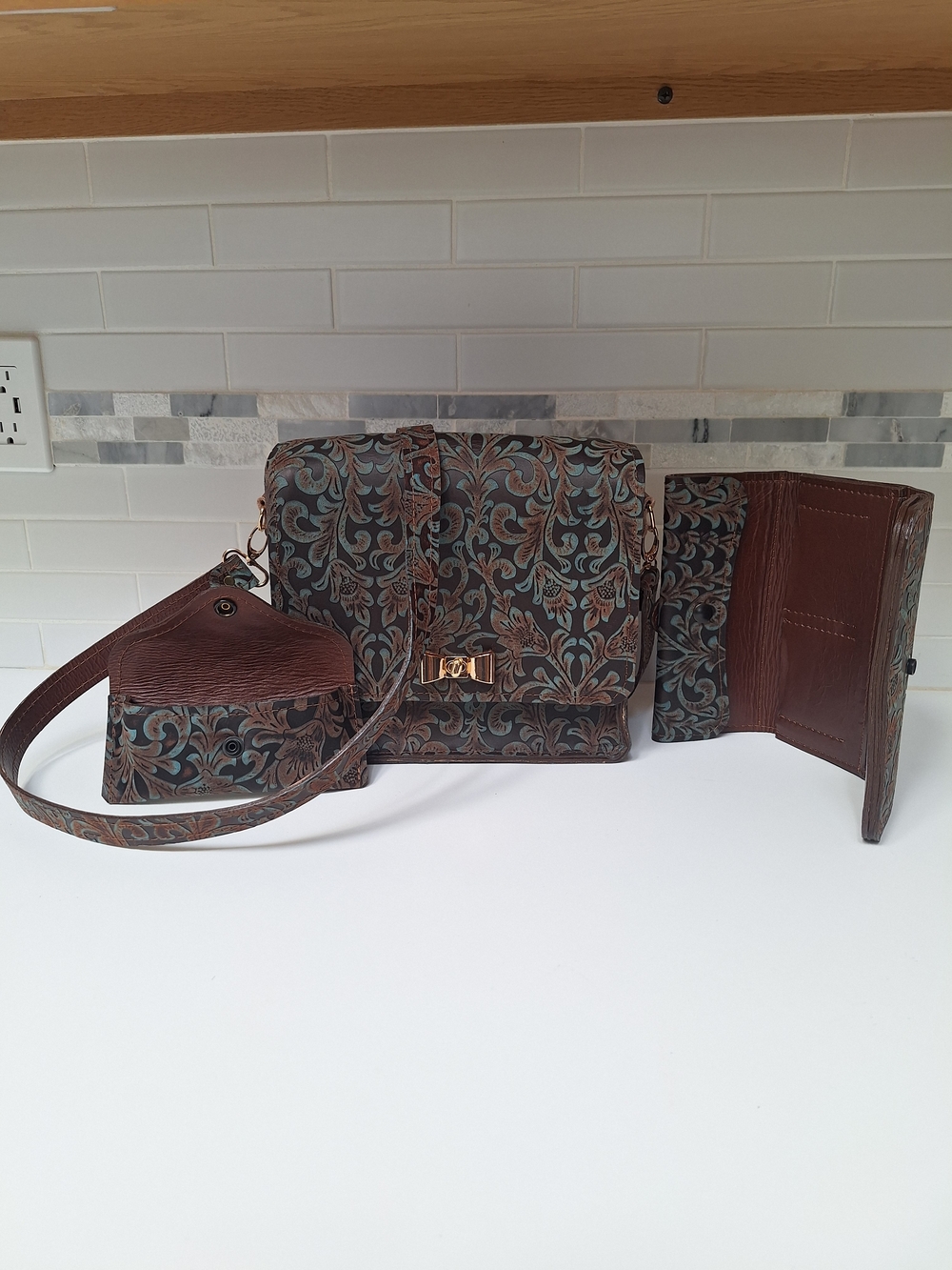 Floral Embossed Brown Crossbody Bag with Wallet